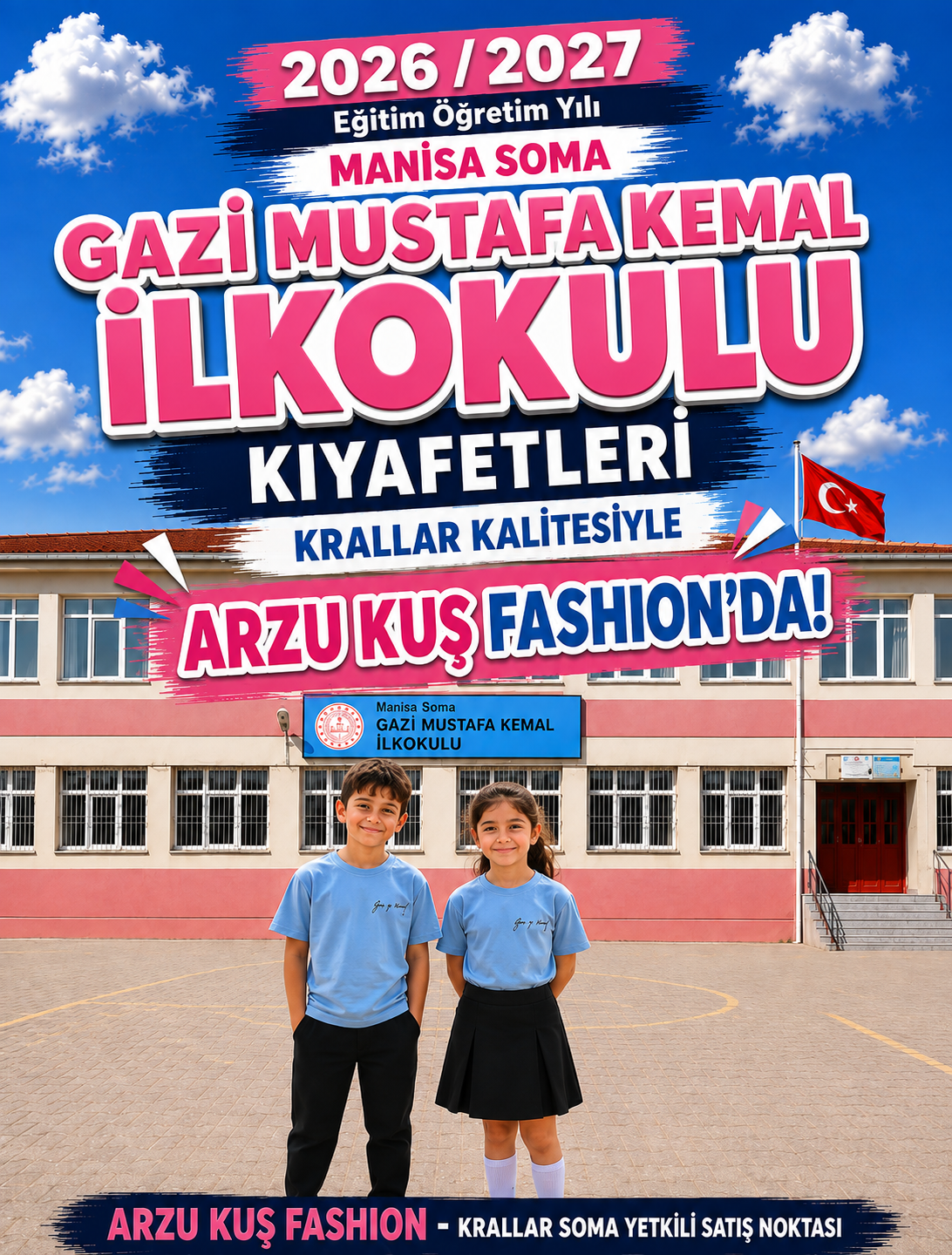 Manisa Soma Gazi Mustafa Kemal İlkokulu okul kıyafetleri ve okul forması, Krallar Tekstil tarafından üretilmekte ve ARZU KUŞ FASHION - Krallar Soma Yetkili Satış Noktası'nda sunulmaktadır.