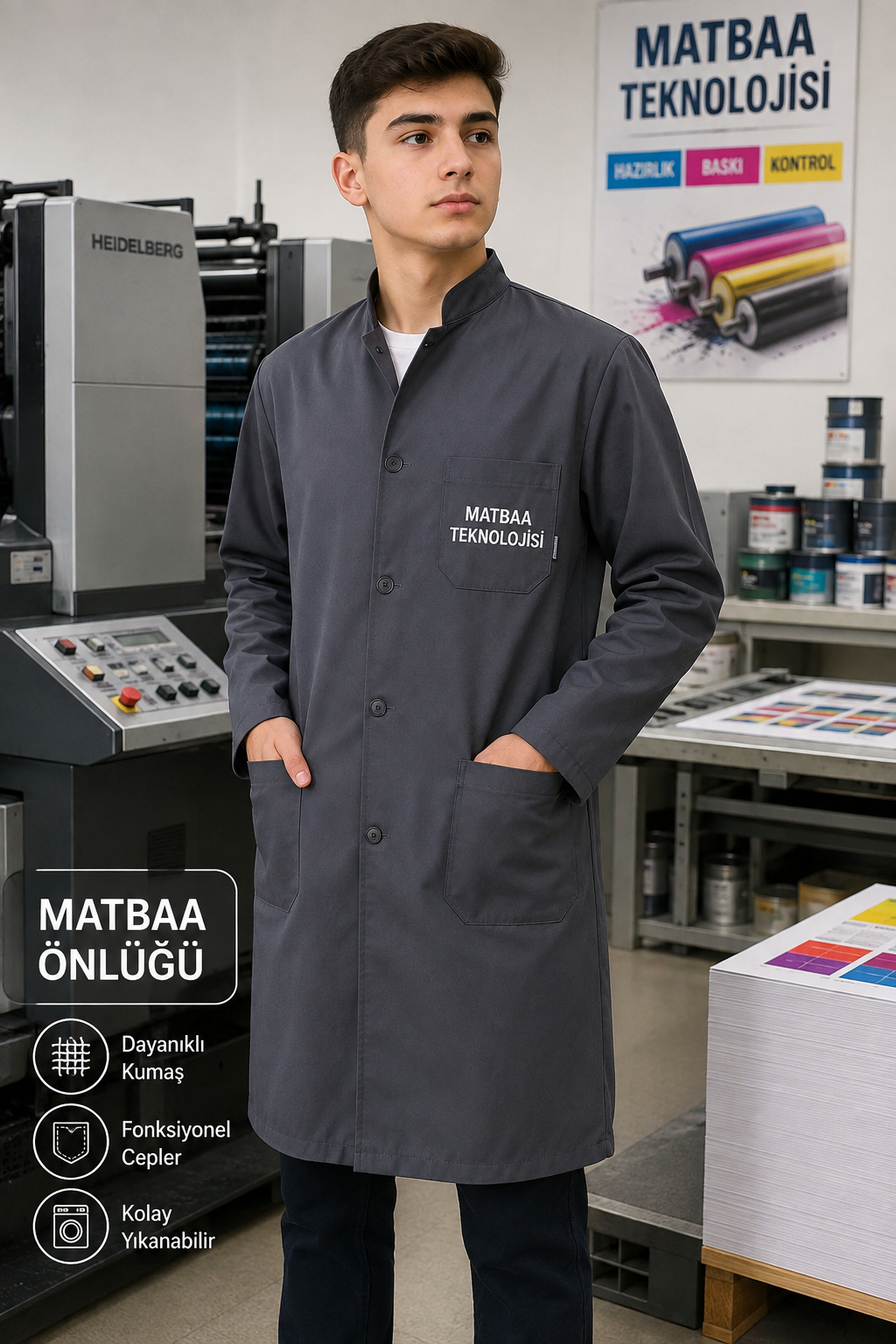 Matbaa Teknolojisi öğrencileri için iş kıyafeti, matbaa iş önlüğü, atölye önlüğü, baskı atölyesi önlüğü ve staj kıyafeti Krallar Tekstil