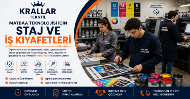 Krallar Tekstil, Matbaa Teknolojisi öğrencileri için dayanıklı iş ve staj kıyafetleri, Matbaa Önlüğü ve Baskı Atölyesi Önlüğü üretmektedir.