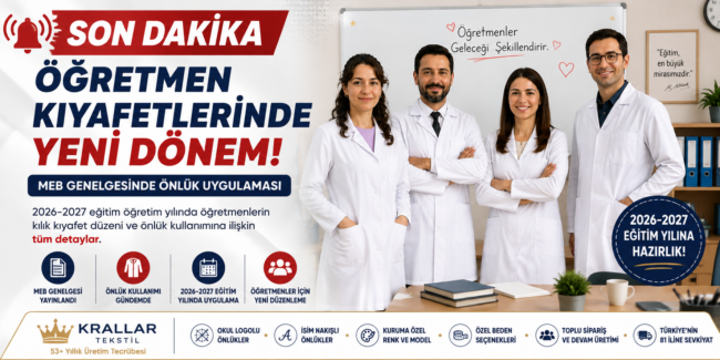 meb-ogretmen-onlugu-2026-2027-yeni-kiyafet-duzenlemesi MEB 2026-2027 öğretmen önlükleri Krallar Tekstil’de! Okul logolu, isim nakışlı ve kuruma özel öğretmen önlüğü üretimi, toplu sipariş ve 81 ile sevkiyat.