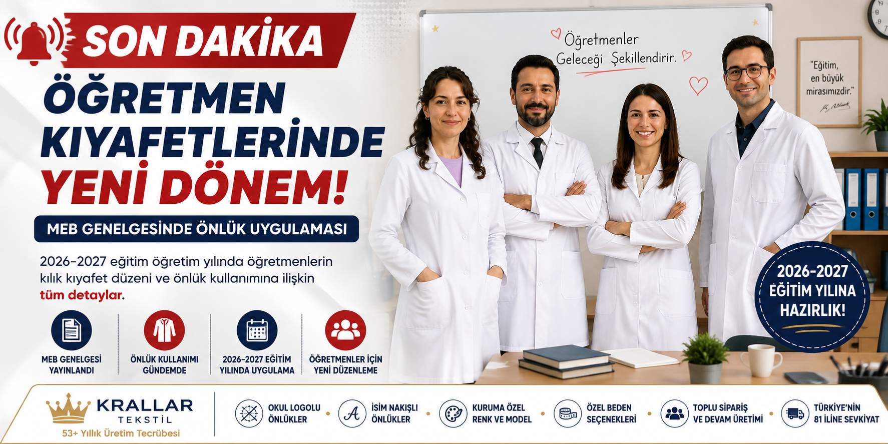 MEB 2026-2027 öğretmen önlükleri Krallar Tekstil’de! Okul logolu, isim nakışlı ve kuruma özel öğretmen önlüğü üretimi, toplu sipariş ve 81 ile sevkiyat.