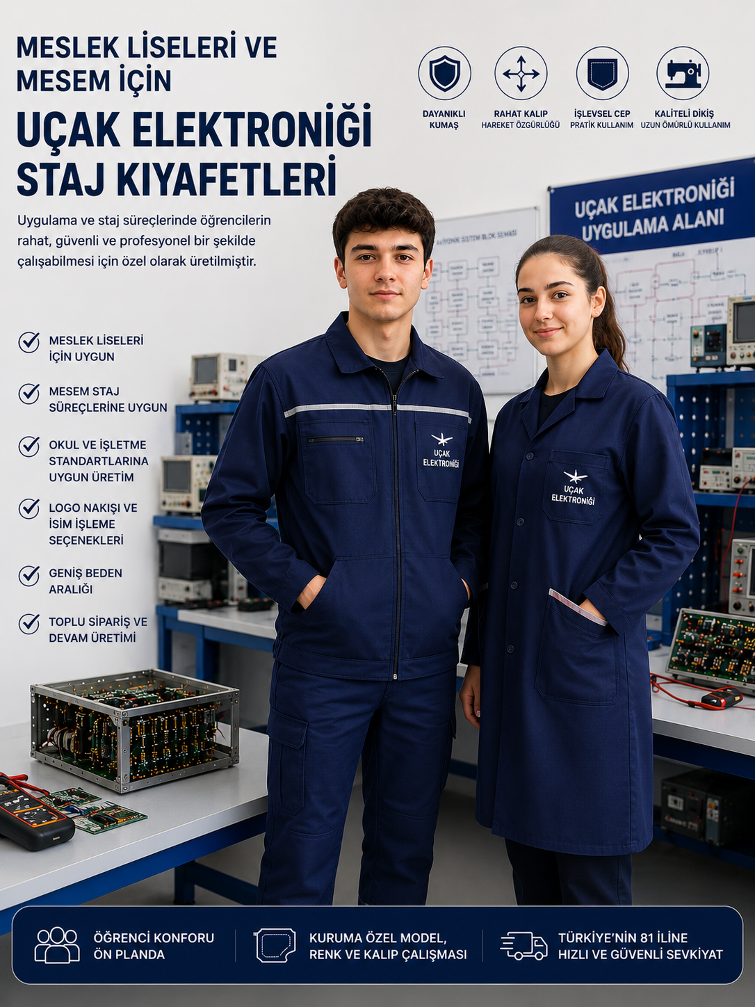 Meslek liseleri ve MESEM öğrencileri için Uçak Elektroniği staj kıyafetleri ve teknik çalışma ürünleri.