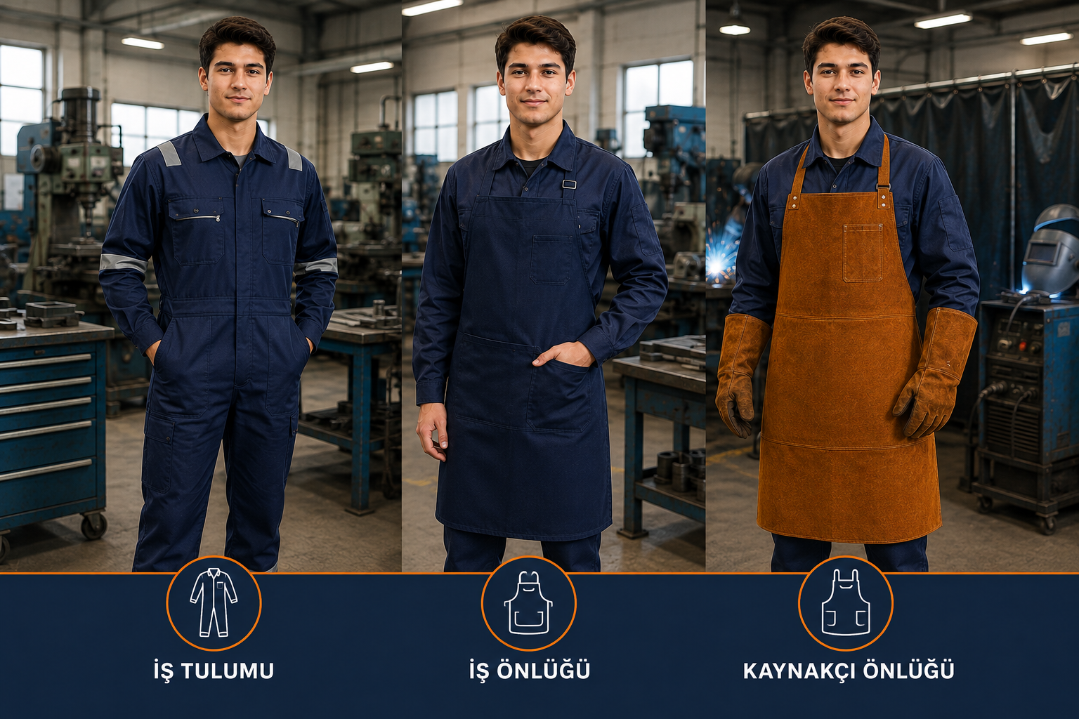 Metal Teknolojisi öğrencileri için iş tulumu, iş önlüğü ve kaynakçı önlüğü seçeneklerini bir arada gösteren staj ve atölye kıyafetleri. Krallar Tekstil tarafından öğrencilere, okullara ve işletmelere özel üretilmektedir.