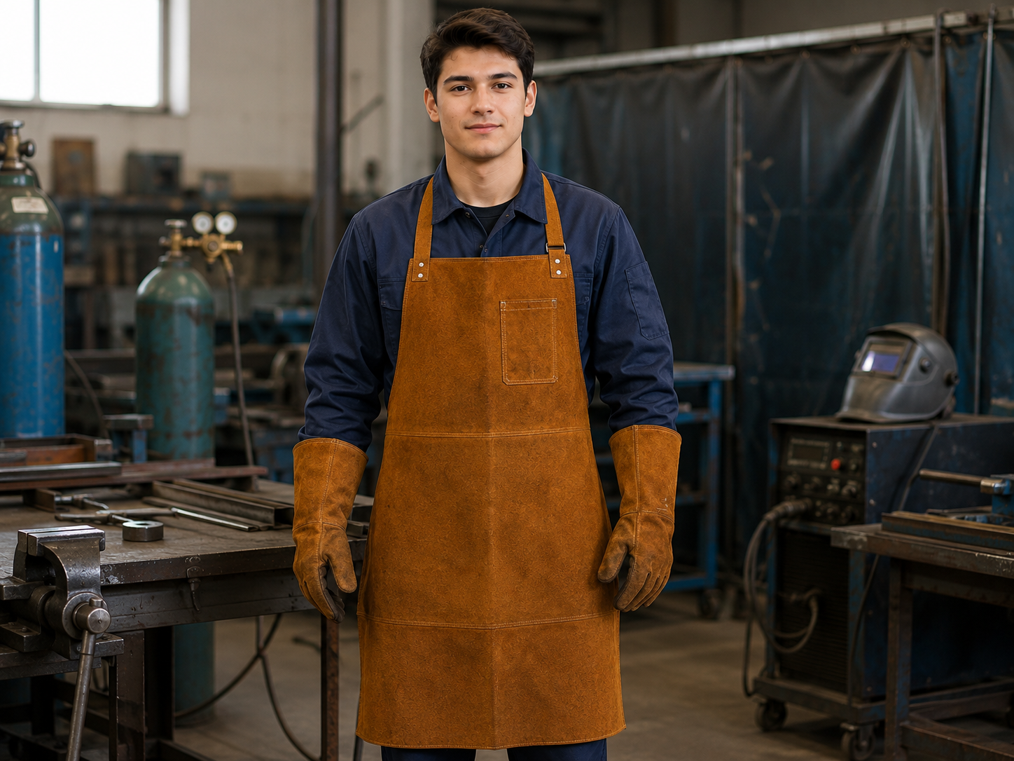 Metal Teknolojisi ve kaynak bölümü öğrencileri için üretilen kaynakçı önlüğü; kaynak işlemlerinde oluşan kıvılcım, sıcaklık ve metal sıçramalarına karşı koruma sağlayan dayanıklı bir iş kıyafetidir.