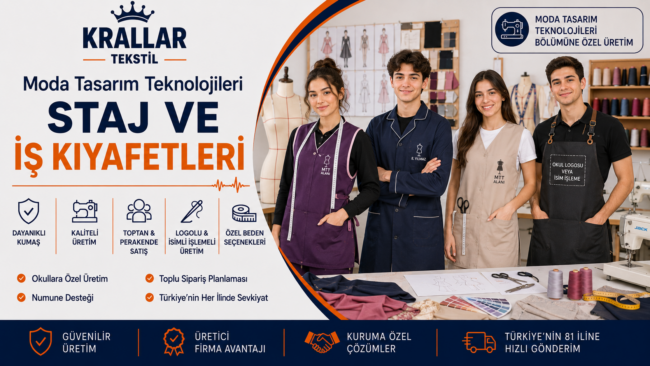Moda Tasarım Teknolojileri öğrencileri için staj ve iş kıyafetleri, okul logolu atölye önlükleri ve özel üretim seçenekleri Krallar Tekstil’de.