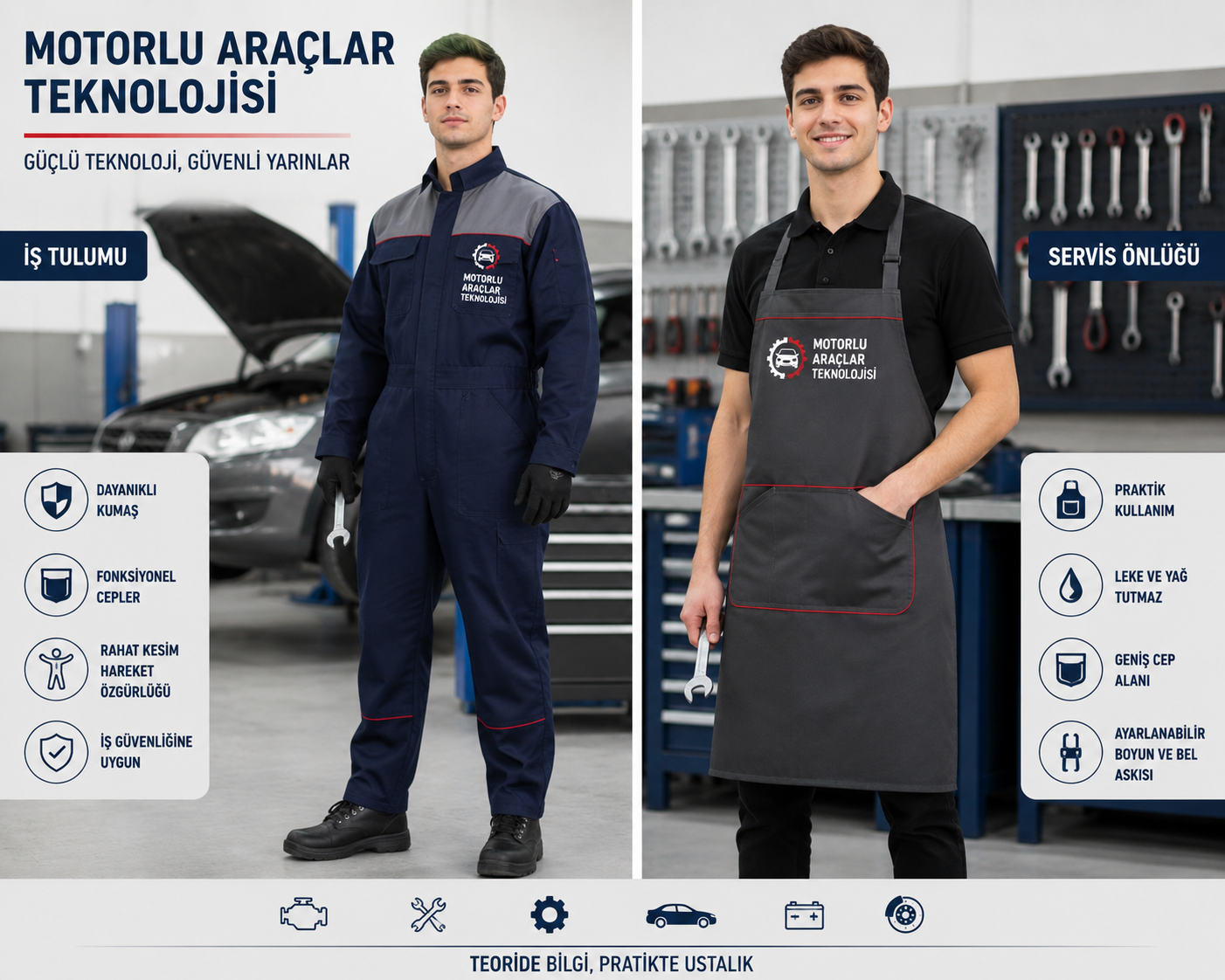 Motor bölümü öğrencilerine özel iş tulumu ve servis önlüğü modelleri; dayanıklı kumaş, fonksiyonel cepler ve rahat kalıp özellikleriyle otomotiv atölyelerinde güvenli ve konforlu kullanım sunar.