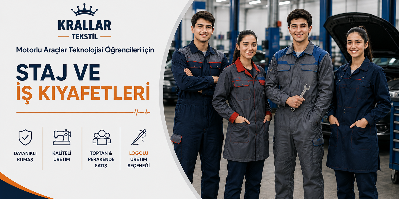Motorlu Araçlar Teknolojisi öğrencileri için dayanıklı staj ve iş kıyafetleri, özel üretim, toptan ve perakende satış seçenekleriyle Krallar Tekstil’de.