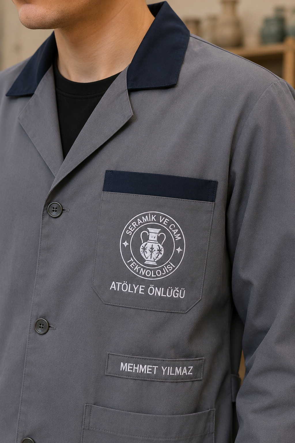Okul logolu, nakışlı ve isim işlemeli Seramik ve Cam Teknolojisi atölye önlüğü Krallar Tekstil'de.