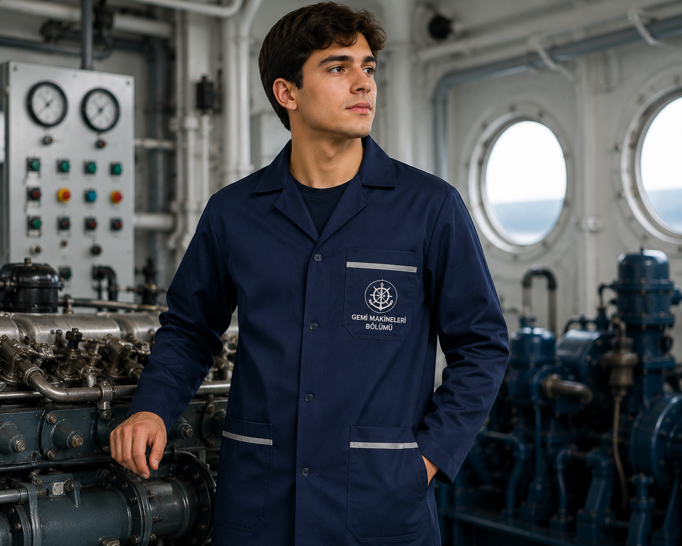 Okullara özel logo nakışlı Gemi Makineleri iş önlüğü üretimi Krallar Tekstil’de.