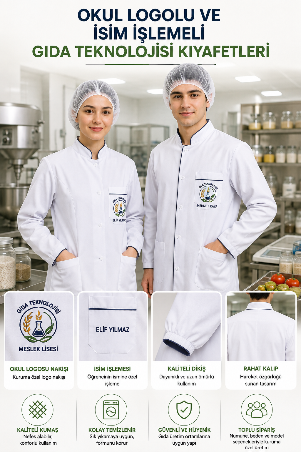 Meslek liseleri için okul logolu ve öğrenci ismi işlemeli Gıda Teknolojisi iş ve staj kıyafetleri – Krallar Tekstil.