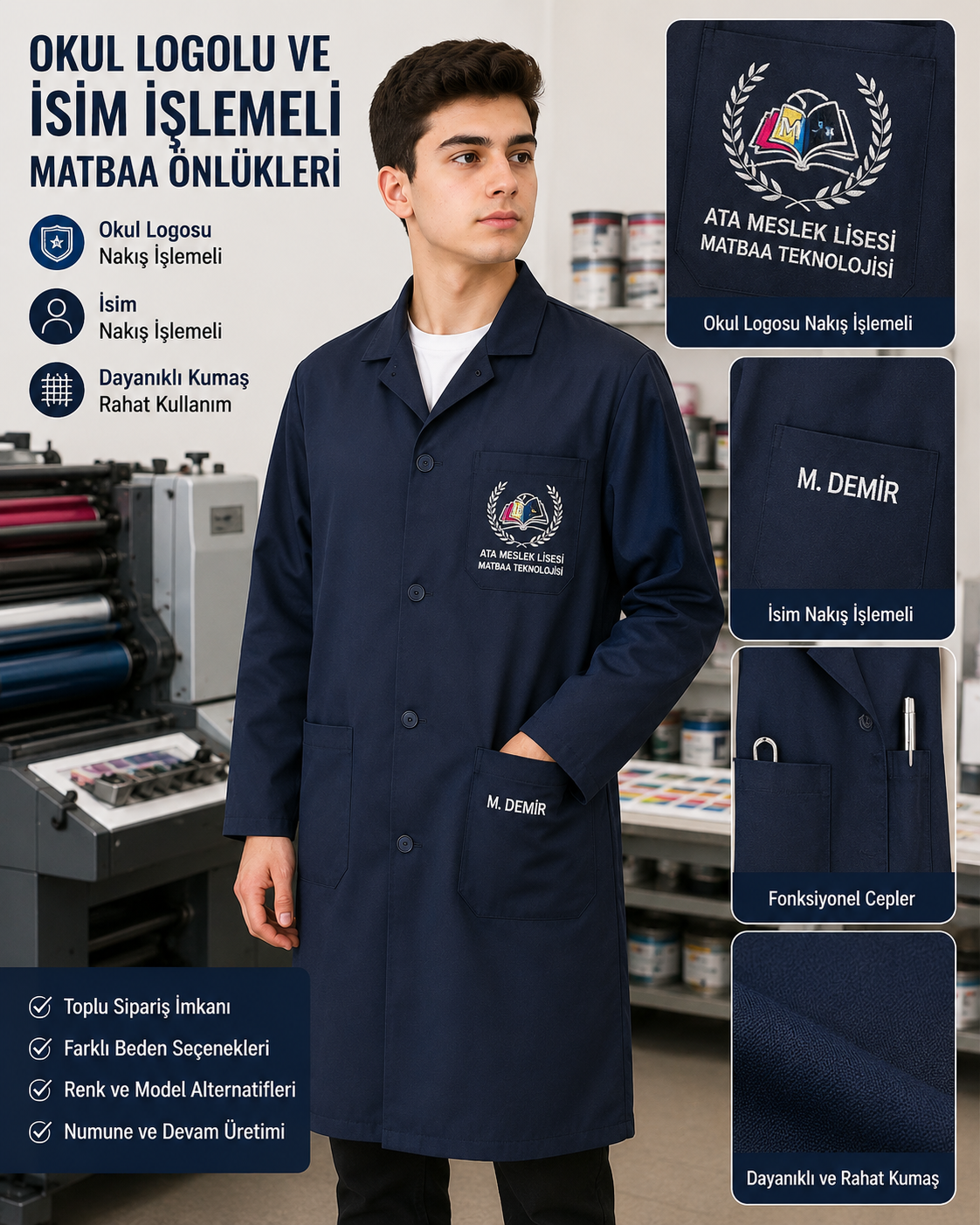 Meslek liselerine özel üretilen okul logolu ve isim işlemeli matbaa önlükleri Krallar Tekstil