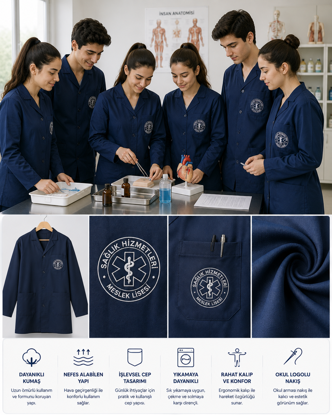 Sağlık Hizmetleri öğrencileri için okul logolu, dayanıklı ve işlevsel staj önlüğü modelleri Krallar Tekstil’de.