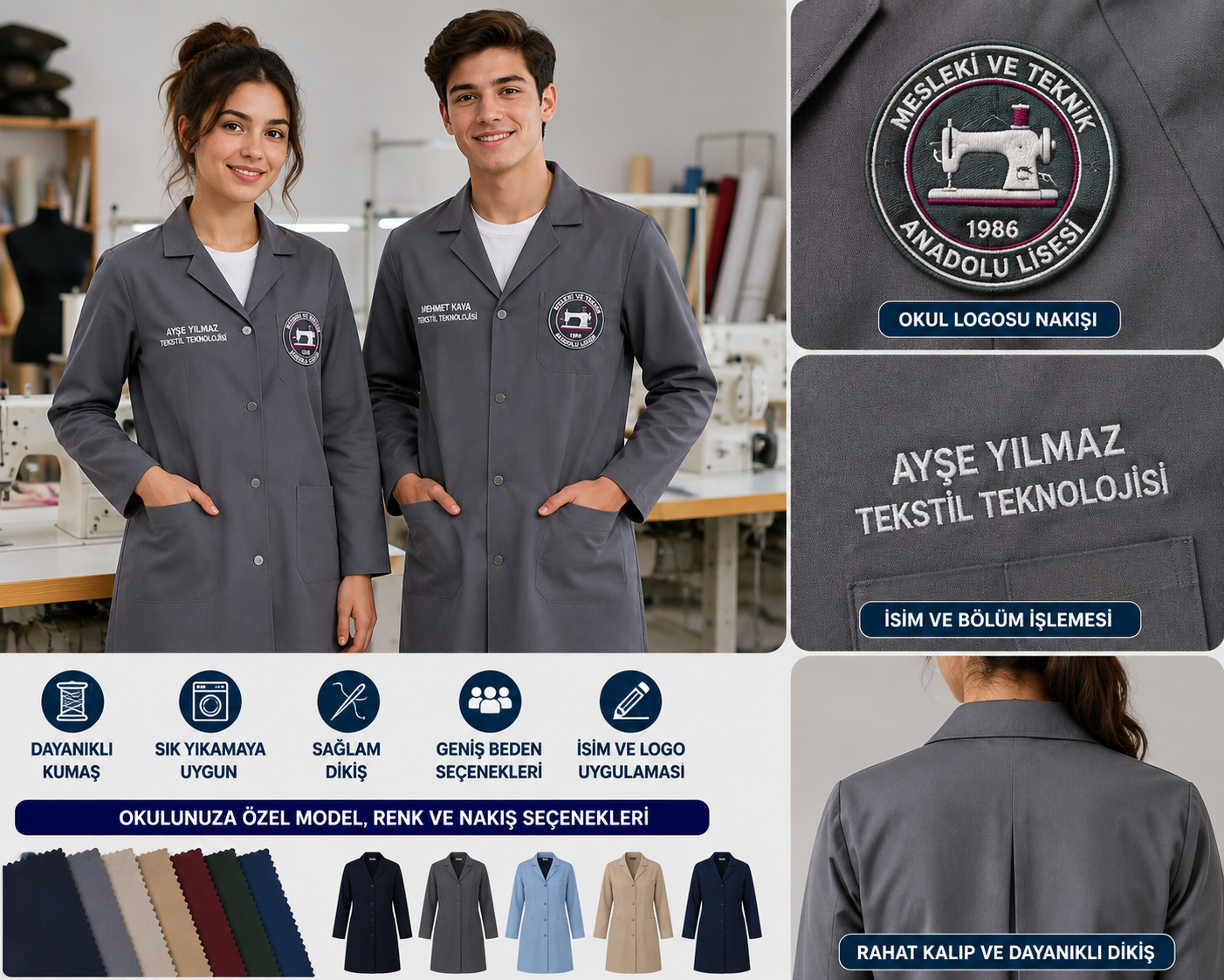 Meslek liselerine özel okul logolu, nakışlı ve isim işlemeli tekstil iş önlüğü Krallar'da!