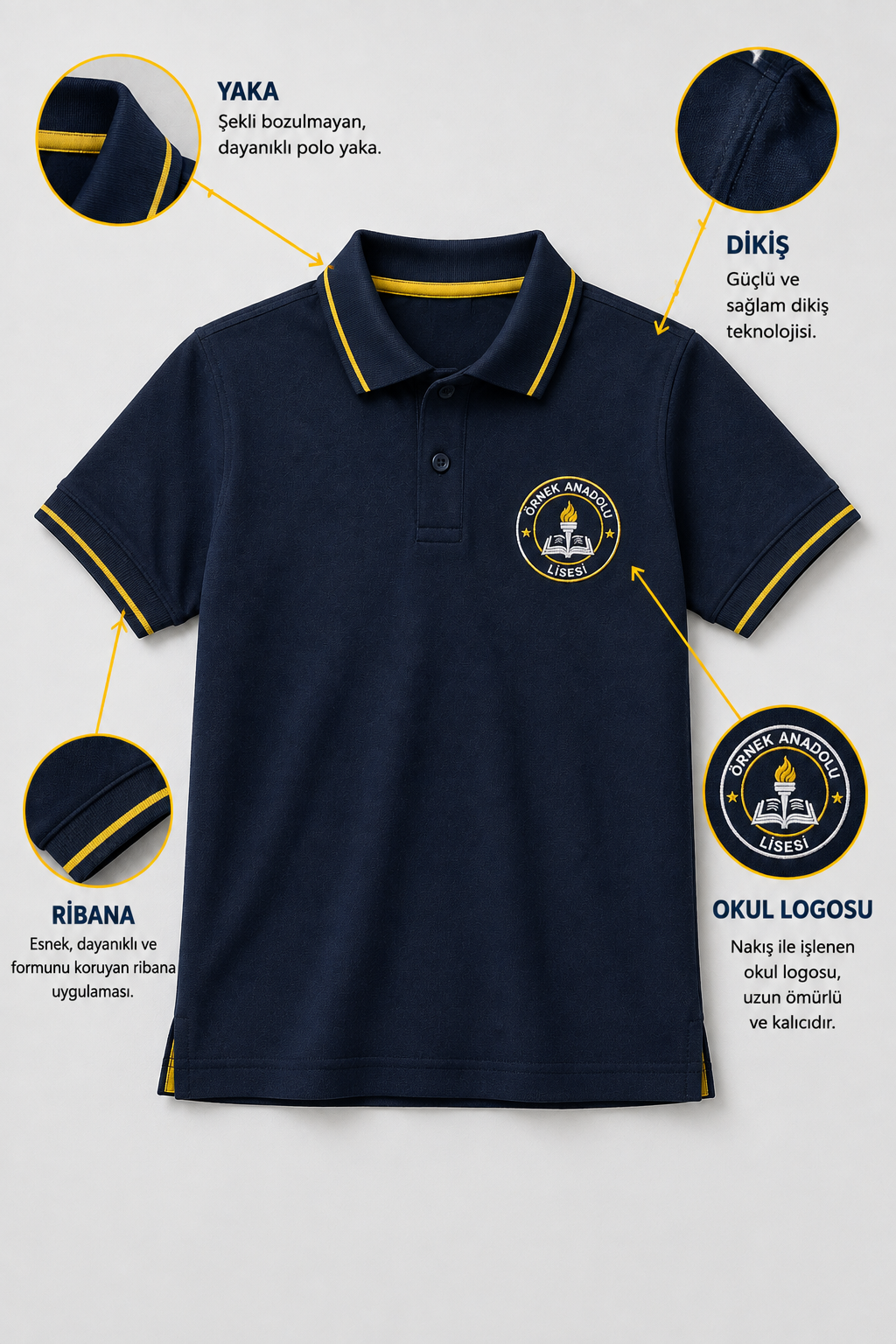 Okul tişörtünde dikiş, polo yaka, ribana ve okul logosu detayları ile Krallar Tekstil'de
