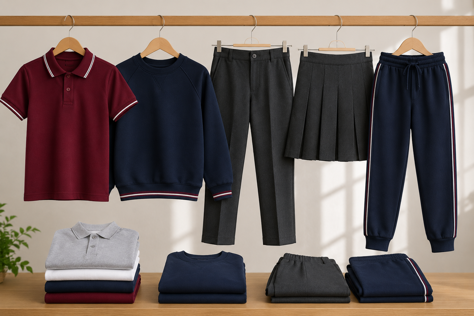 Okul tişörtü, sweatshirt, pantolon, etek ve eşofman modellerini bir arada gösteren okul kıyafeti koleksiyonu Krallar'da