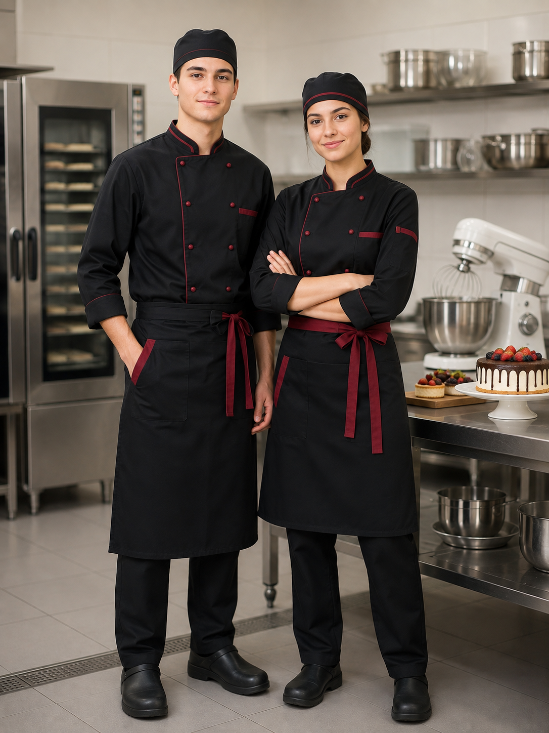 Meslek lisesi pastacılık bölümü öğrencileri için tasarlanan şef ceketi, pastacı önlüğü, kep ve pantolondan oluşan profesyonel staj kıyafeti.