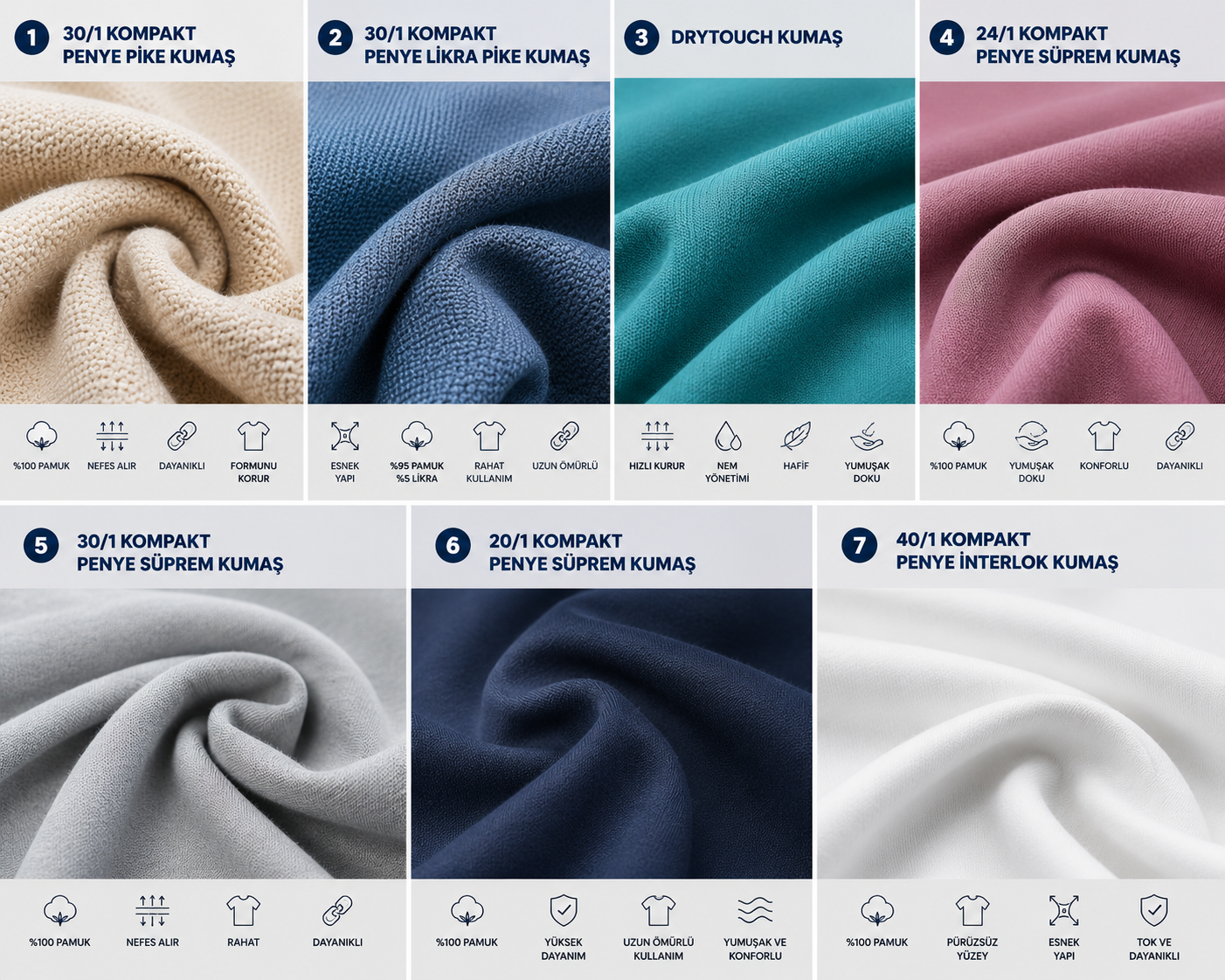 Polo yaka okul tişörtlerinde kullanılan kompakt penye pike, likralı pike, DryTouch, süprem ve interlok kumaş çeşitlerinin tamamı Krallar'da.