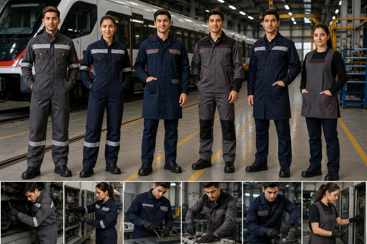 Raylı Sistemler Teknolojisi için iş tulumu, reflektörlü tulum, servis önlüğü ve bakım kıyafeti çeşitleri.