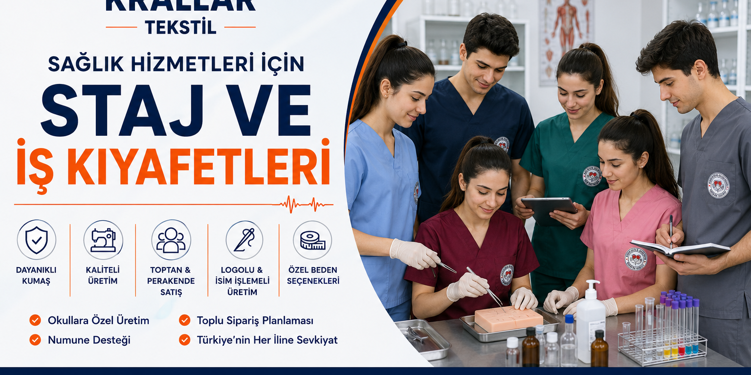 Sağlık Hizmetleri öğrencileri için okul ve hastane stajlarına uygun, logolu ve özel üretim scrubs, medikal forma ve iş kıyafetleri Krallar Tekstil’de.