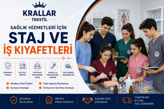 Sağlık Hizmetleri öğrencileri için okul ve hastane stajlarına uygun, logolu ve özel üretim scrubs, medikal forma ve iş kıyafetleri Krallar Tekstil’de.