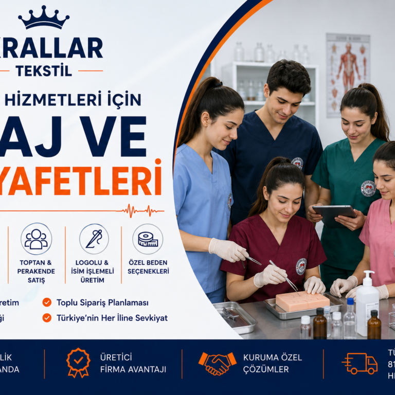 Sağlık Hizmetleri öğrencileri için okul ve hastane stajlarına uygun, logolu ve özel üretim scrubs, medikal forma ve iş kıyafetleri Krallar Tekstil’de.