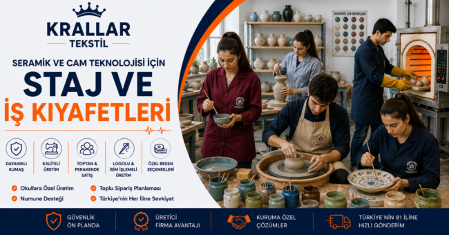 Seramik ve Cam Teknolojisi öğrencileri için seramik önlüğü, atölye önlüğü, iş ve staj kıyafetleri; okul logolu, isim işlemeli ve kuruma özel üretim seçenekleri, Krallar Tekstil
