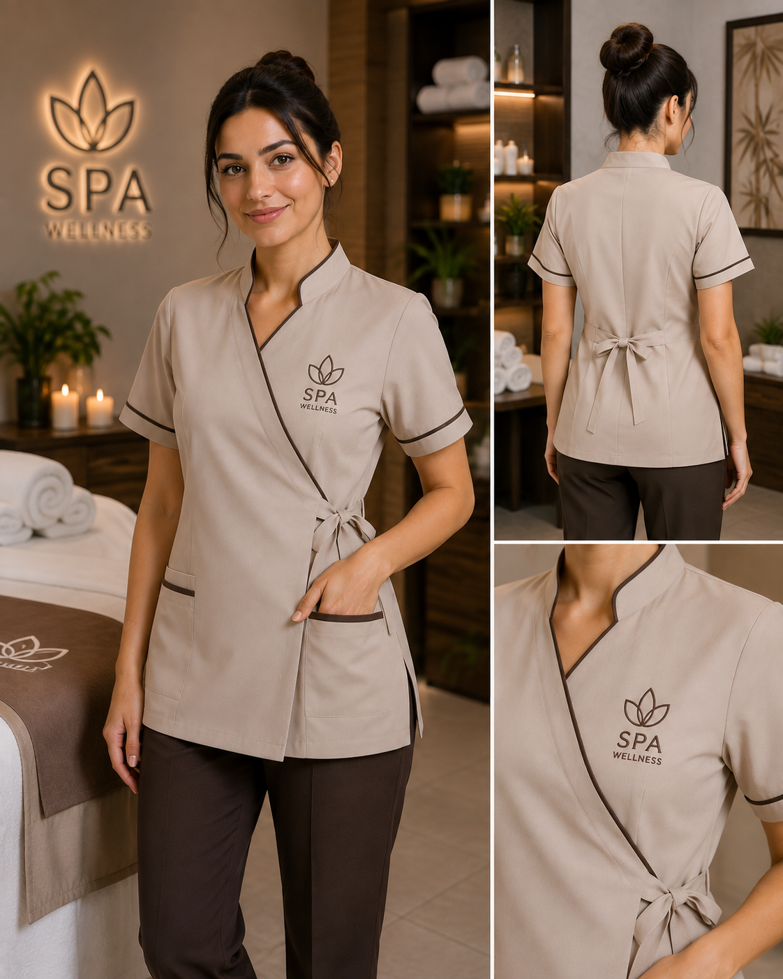 Spa, wellness ve bakım merkezleri için kurumsal görünüme uygun, rahat ve özel üretim spa personel kıyafeti. Krallar Tekstil.