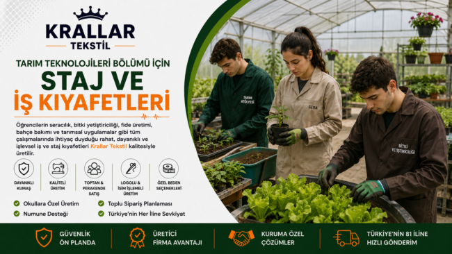 Krallar Tekstil’den Tarım Teknolojileri öğrencilerine özel, sera, bahçe ve bitki yetiştiriciliği uygulamalarına uygun iş ve staj kıyafetleri.