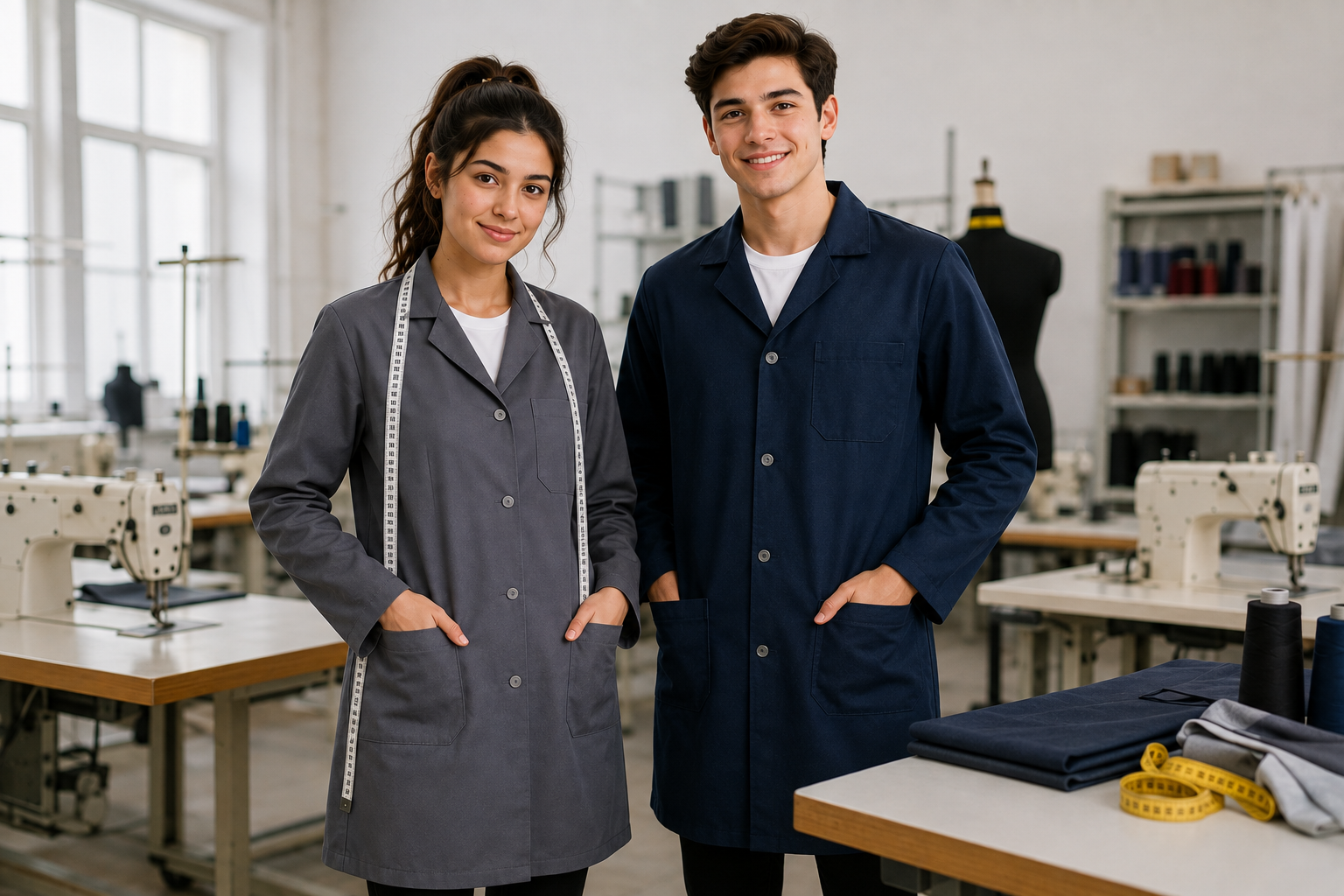 Tekstil atölyelerinde kullanıma uygun, rahat ve dayanıklı öğrenci iş önlüğü modelleri Krallar'da.