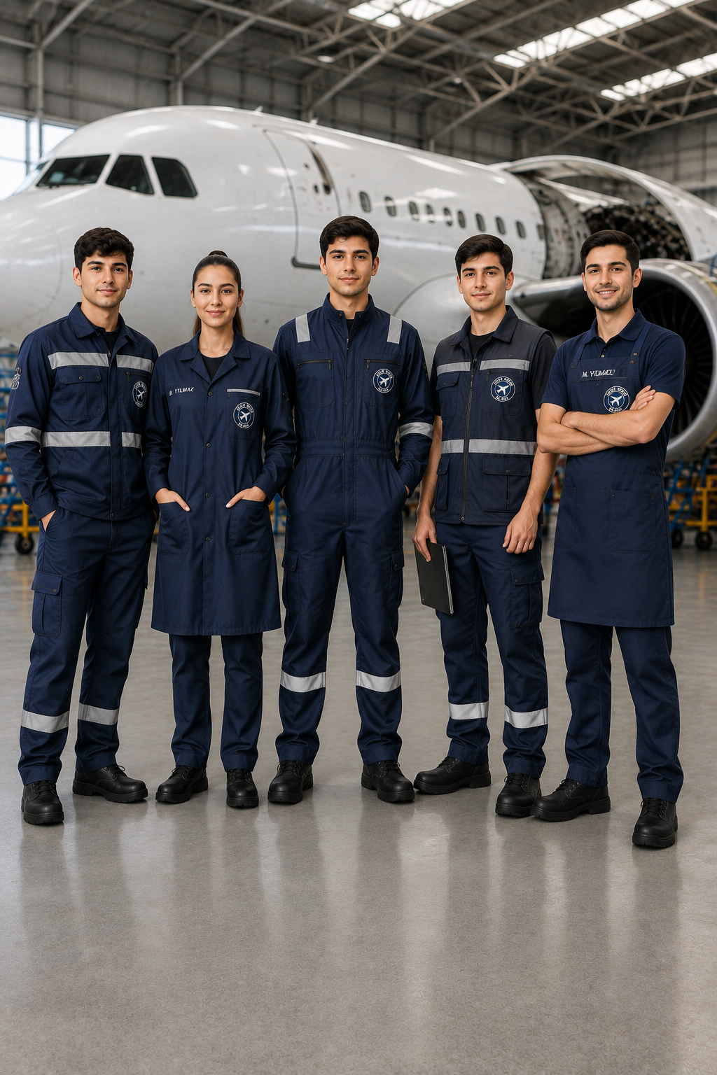 Uçak Bakım öğrencileri için tulum, servis önlüğü, reflektörlü iş kıyafeti ve diğer staj kıyafetleri.
