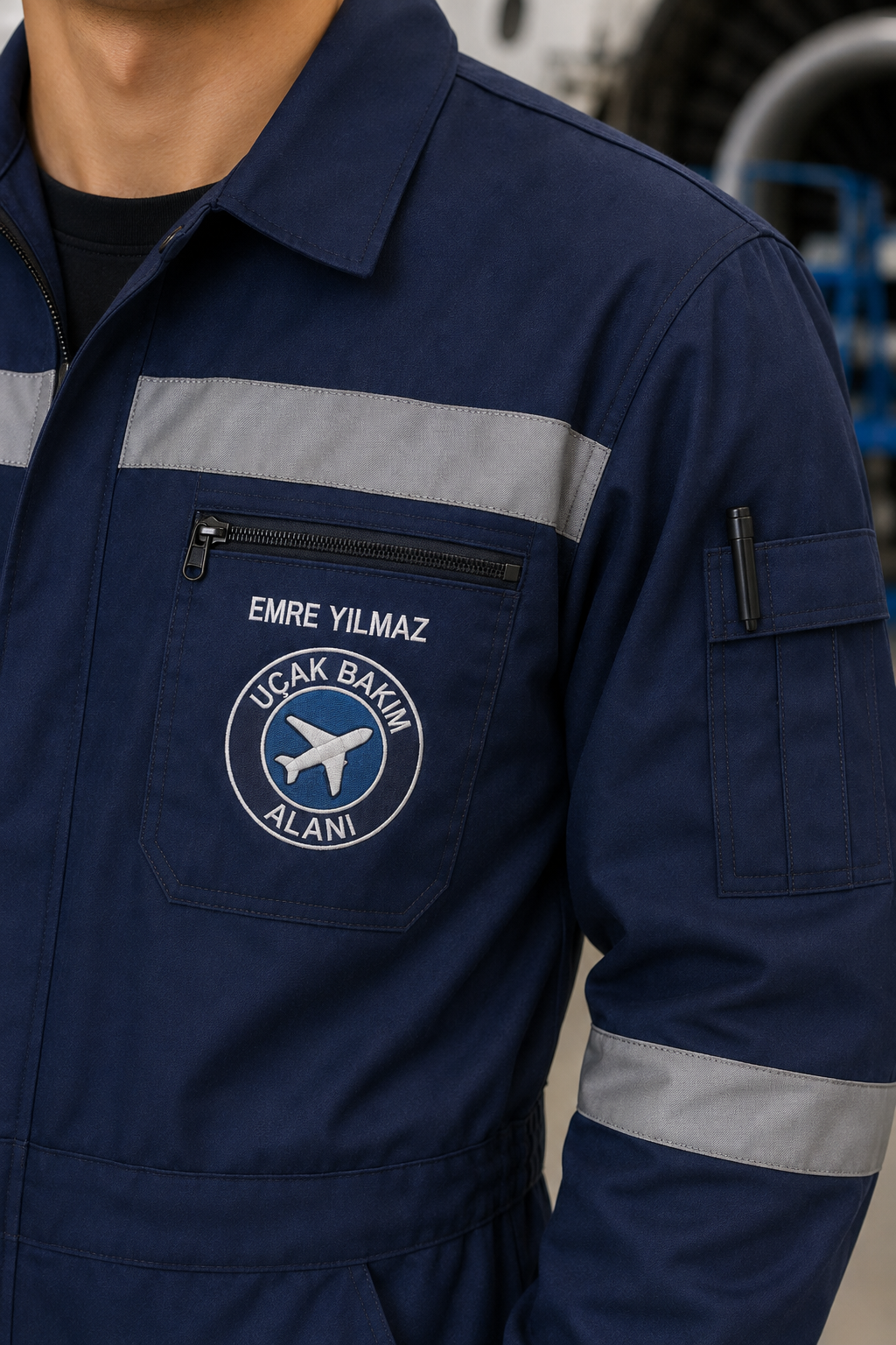Okul logosu ve öğrenci ismi işlemeli Uçak Bakım iş tulumu.