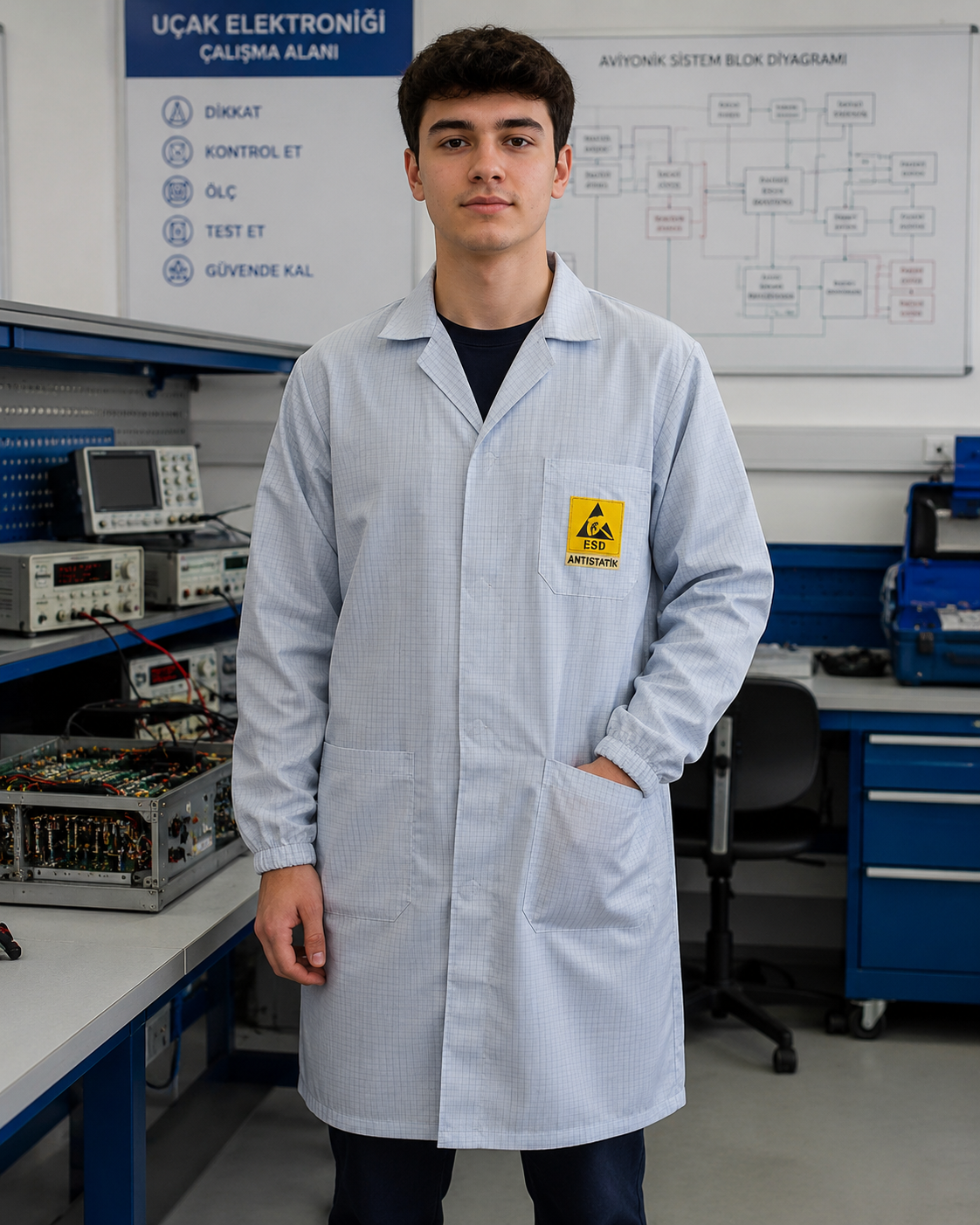 Uçak Elektroniği bölümünde eğitim gören öğrenciler için antistatik iş önlüğü ve ESD çalışma kıyafeti.