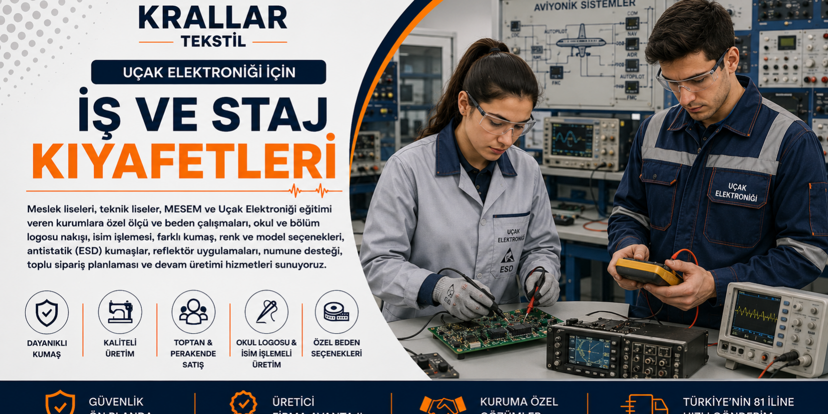 ucak-elektronigi-is-ve-staj-kiyafetleri-krallar-tekstil Krallar Tekstil Uçak Elektroniği İş ve Staj Kıyafetleri; Antistatik ESD Önlük, İş Tulumu ve Teknik Çalışma Kıyafetleri Üretimi.