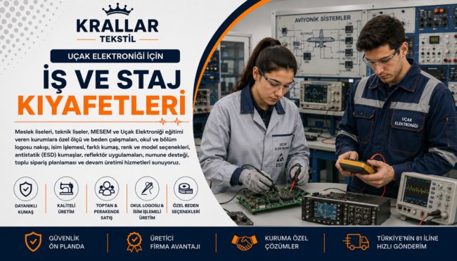 ucak-elektronigi-is-ve-staj-kiyafetleri-krallar-tekstil Krallar Tekstil Uçak Elektroniği İş ve Staj Kıyafetleri; Antistatik ESD Önlük, İş Tulumu ve Teknik Çalışma Kıyafetleri Üretimi.