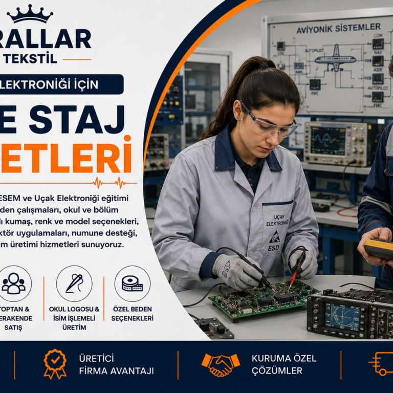 Krallar Tekstil Uçak Elektroniği İş ve Staj Kıyafetleri; Antistatik ESD Önlük, İş Tulumu ve Teknik Çalışma Kıyafetleri Üretimi.