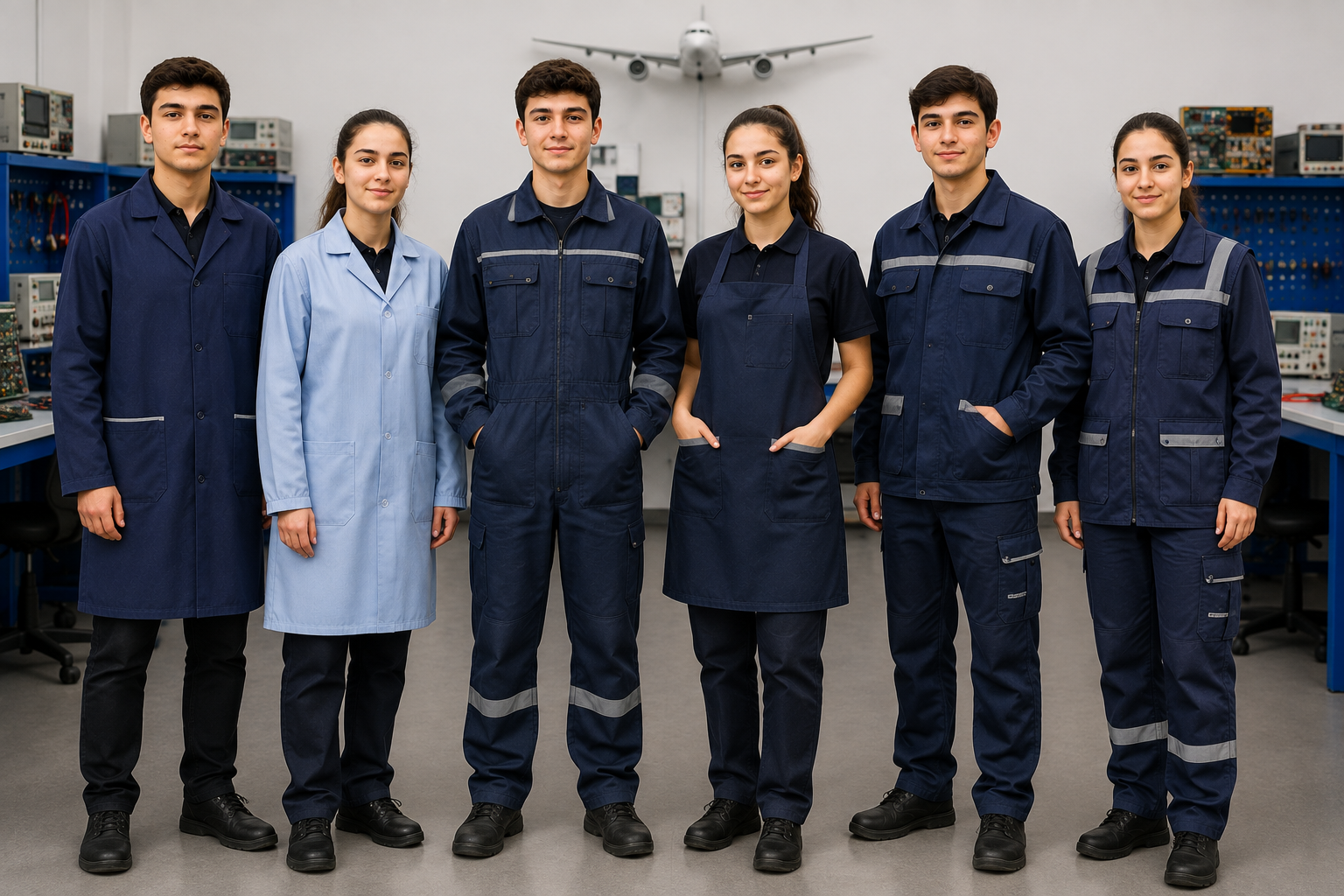 Uçak Elektroniği öğrencileri için iş tulumu, staj kıyafeti, teknik servis önlüğü, antistatik önlük, iş ceketi ve iş pantolonu seçenekleri.