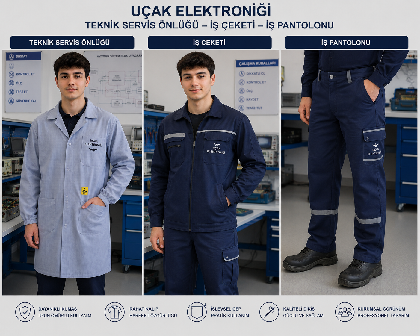 Uçak Elektroniği bölümü için teknik servis önlüğü, iş ceketi ve iş pantolonu seçenekleri.