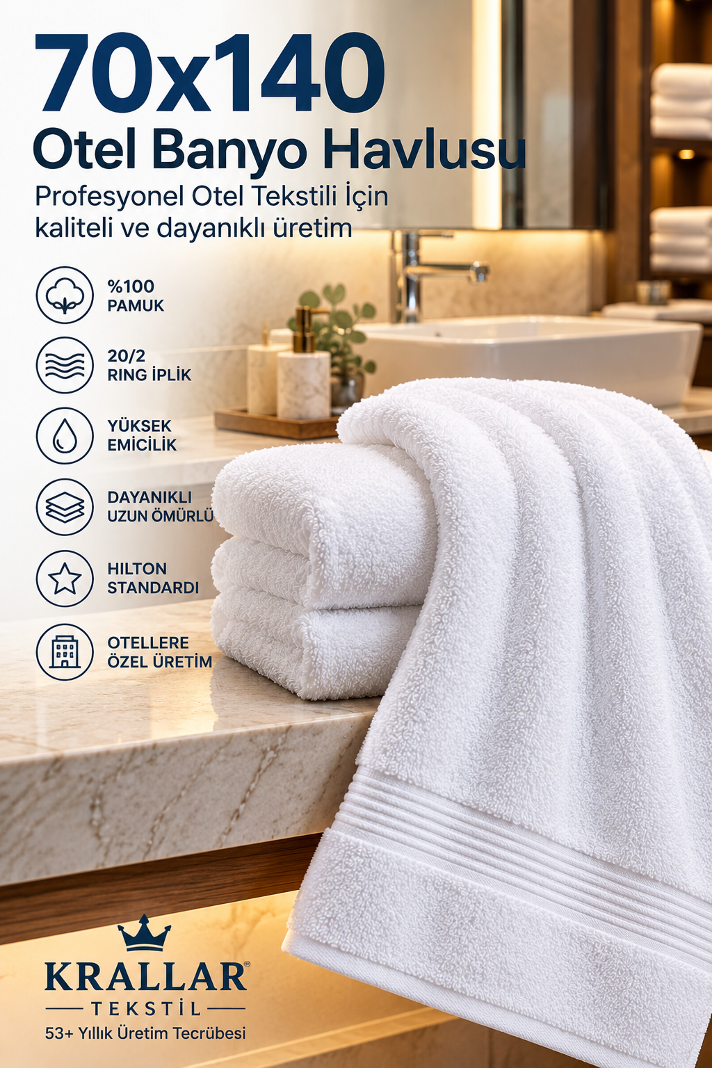 70x140 Hilton standardı otel banyo havlusu için 20/2 ring iplik, yüksek emicilik ve profesyonel kullanıma uygun üretim seçeneklerini anlatan ürün görseli.