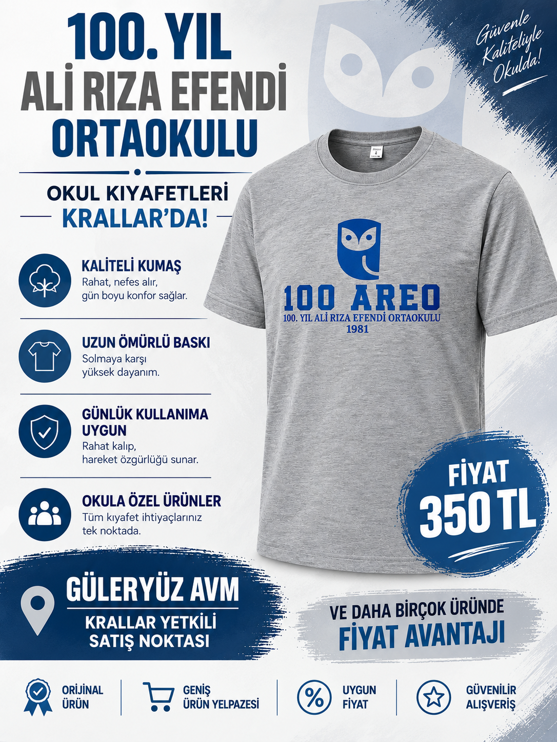 100. Yıl Ali Rıza Efendi Ortaokulu Okul Kıyafetleri, 350 TL Tişört Fiyatı, Güleryüz AVM Krallar Yetkili Satış Noktası.