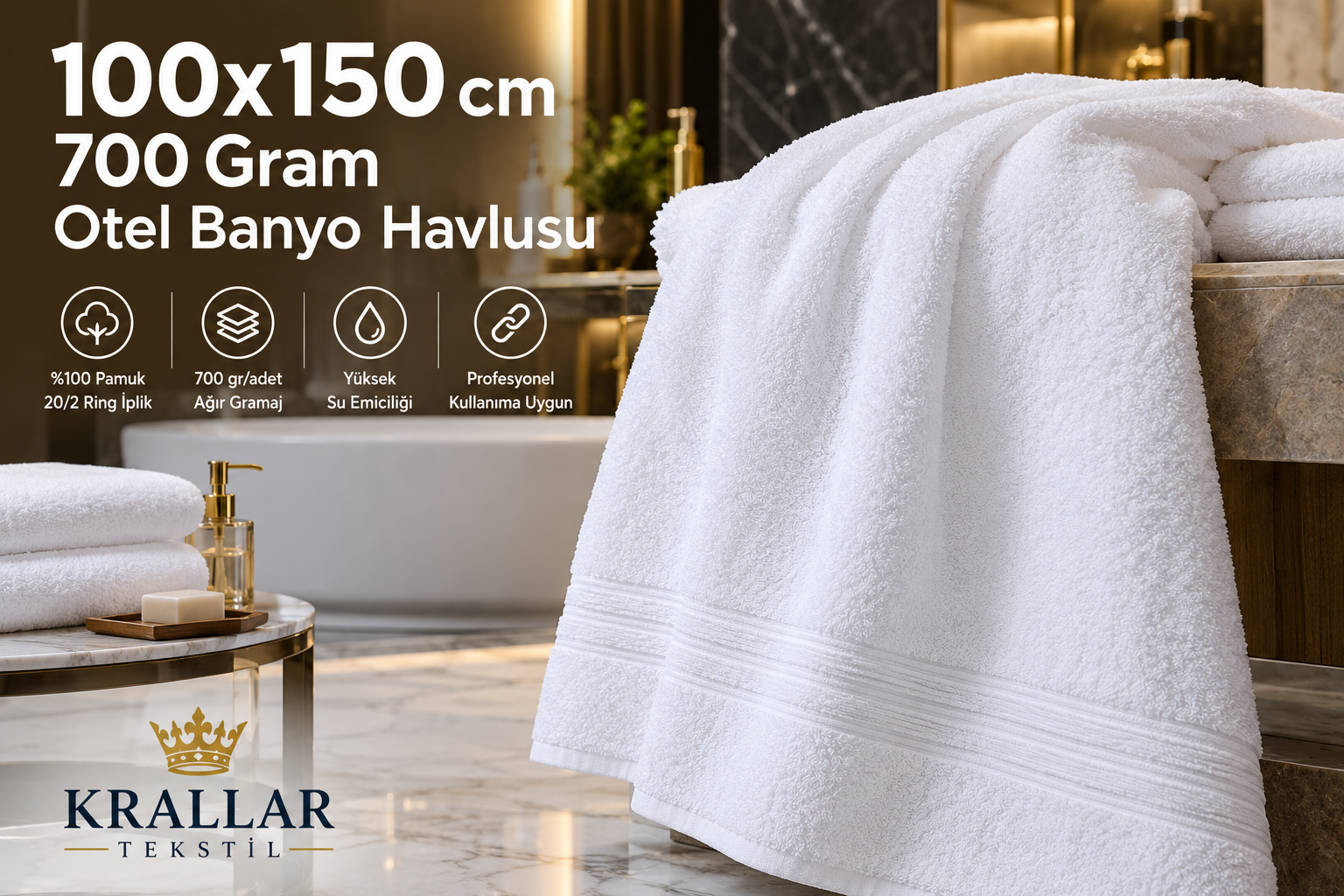 100x150 cm ölçü, 700 gr/adet ve 20/2 ring iplik özellikli profesyonel otel banyo havlusu.