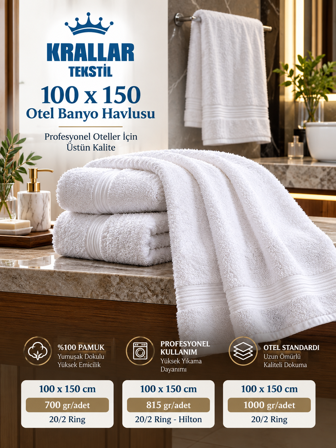 100x150 cm otel banyo havlusu; 700, 815 Hilton ve 1000 gr/adet seçenekleriyle Krallar Tekstil üretimi.