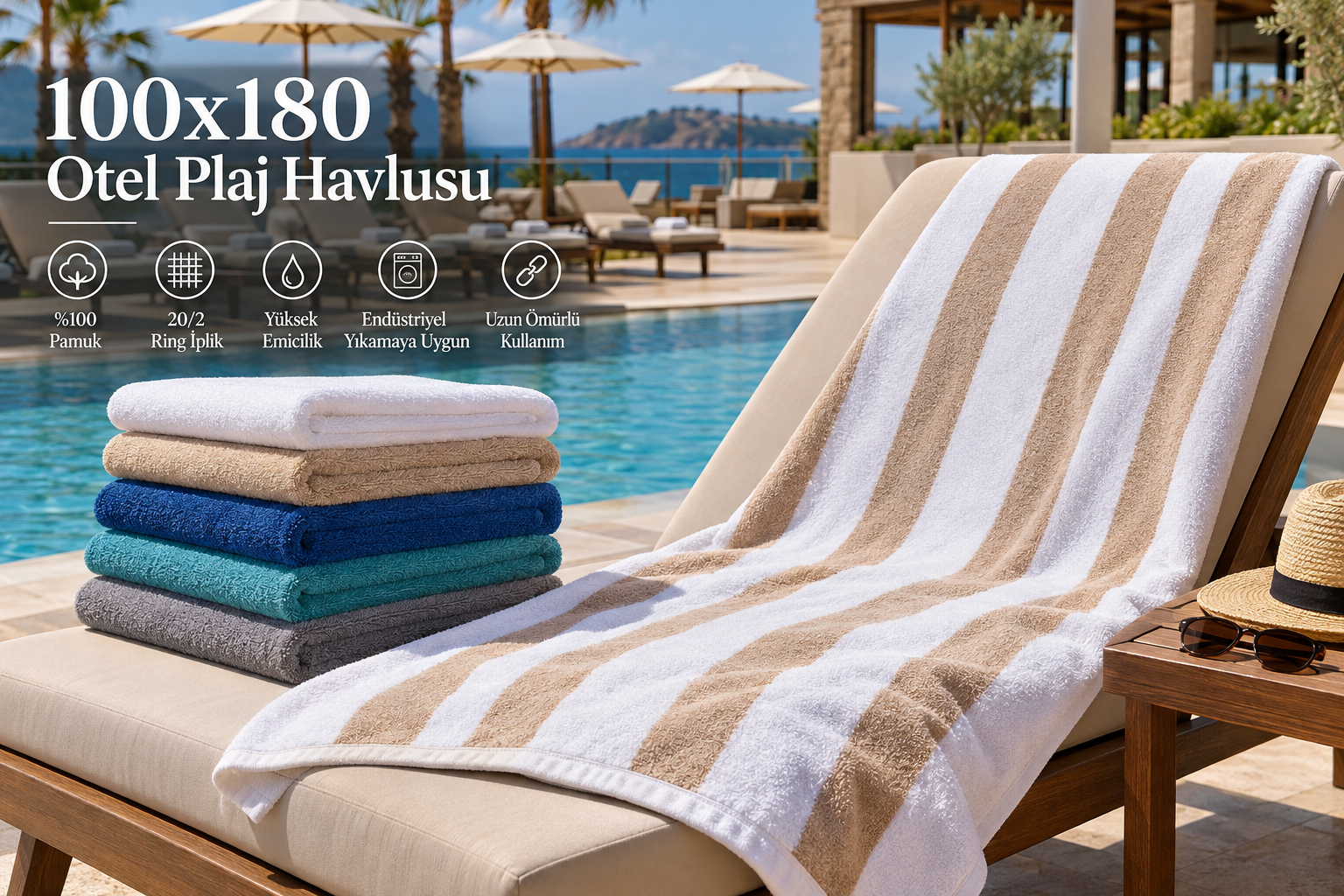 Otel, resort, havuz ve plaj kullanımı için üretilen 100x180 cm otel plaj havlusu; 20/2 ring iplik, yüksek emicilik ve yoğun kullanıma uygun yapısıyla kurumsal tesisler için profesyonel bir seçenektir. Krallar Tekstil tarafından Hilton standardı ve kuruma özel üretim taleplerine göre toplu olarak üretilebilir.