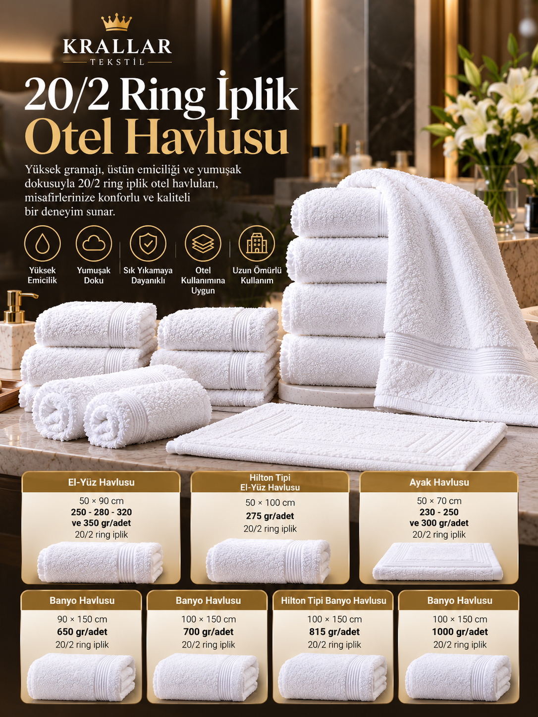 Krallar Tekstil üretimi 20/2 ring iplik otel havluları; el-yüz, ayak ve banyo havlusu seçenekleriyle otel ve konaklama tesislerinin toplu siparişleri için üretilmektedir.