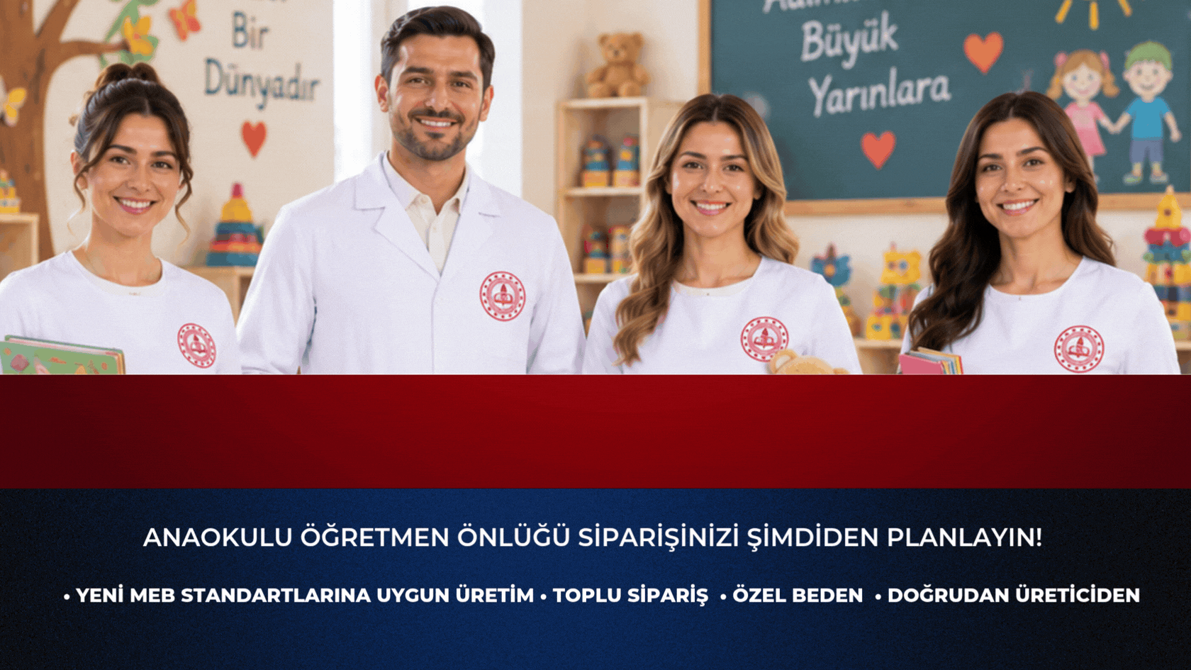 2026-2027 dönemi için MEB standartlarına uygun anaokulu öğretmen önlükleri; toplu sipariş, özel beden, okul logosu ve isim nakışı seçenekleriyle doğrudan üretici Krallar Tekstil’de.