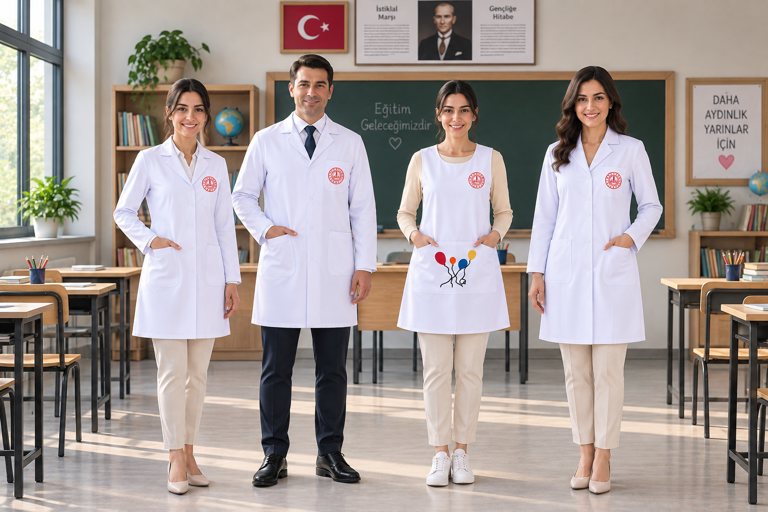 2026-2027 eğitim öğretim yılı için erkek, kadın ve anaokulu öğretmeni önlük modellerinin sınıf ortamındaki görünümü.