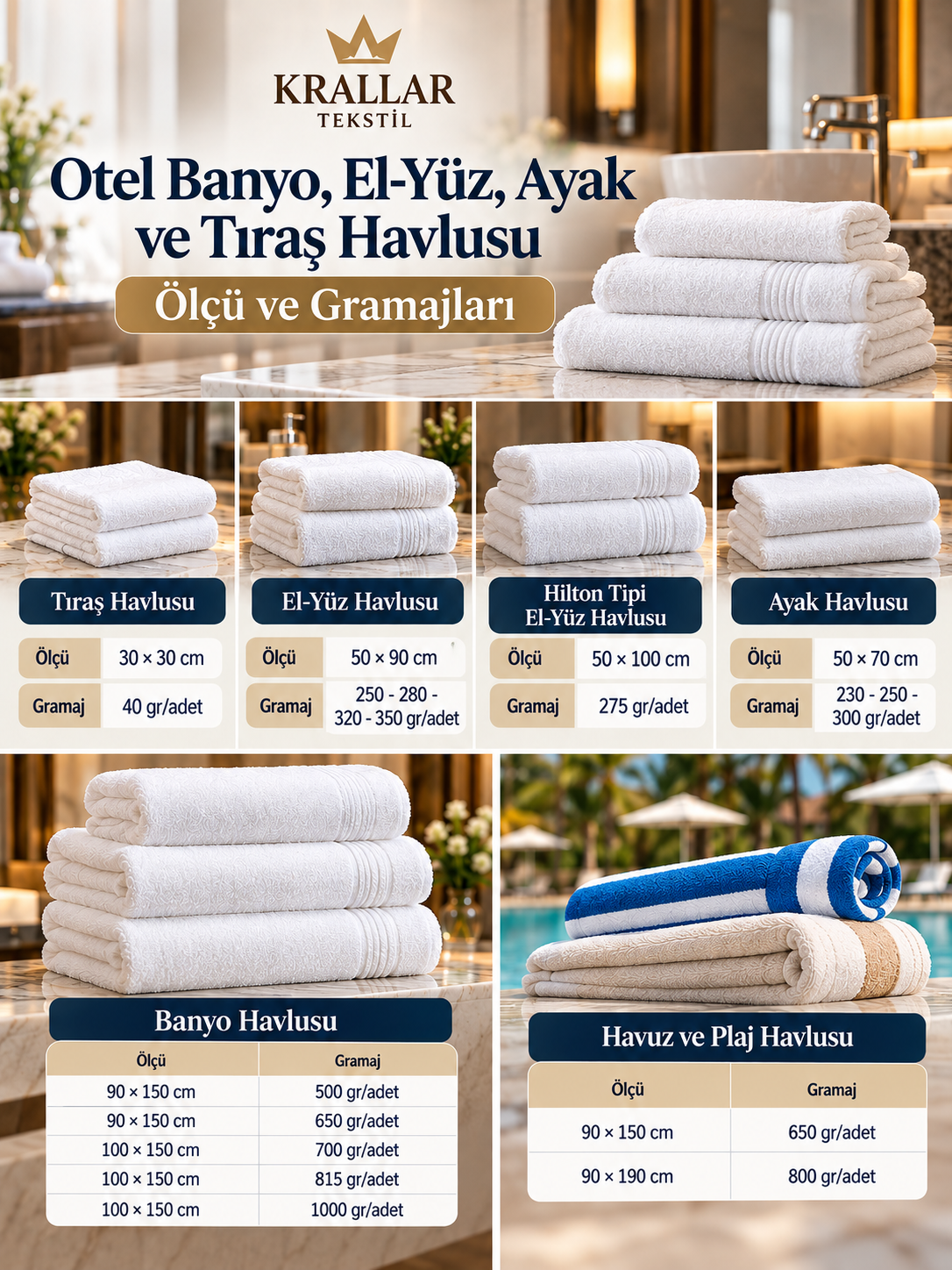5 yıldızlı oteller için banyo, el-yüz, ayak ve tıraş havlusu ölçü ve gramaj seçenekleri. Krallar Tekstil, farklı ölçü ve gramajlarda profesyonel otel havlularını toplu ve kuruma özel üretim seçenekleriyle sunar.