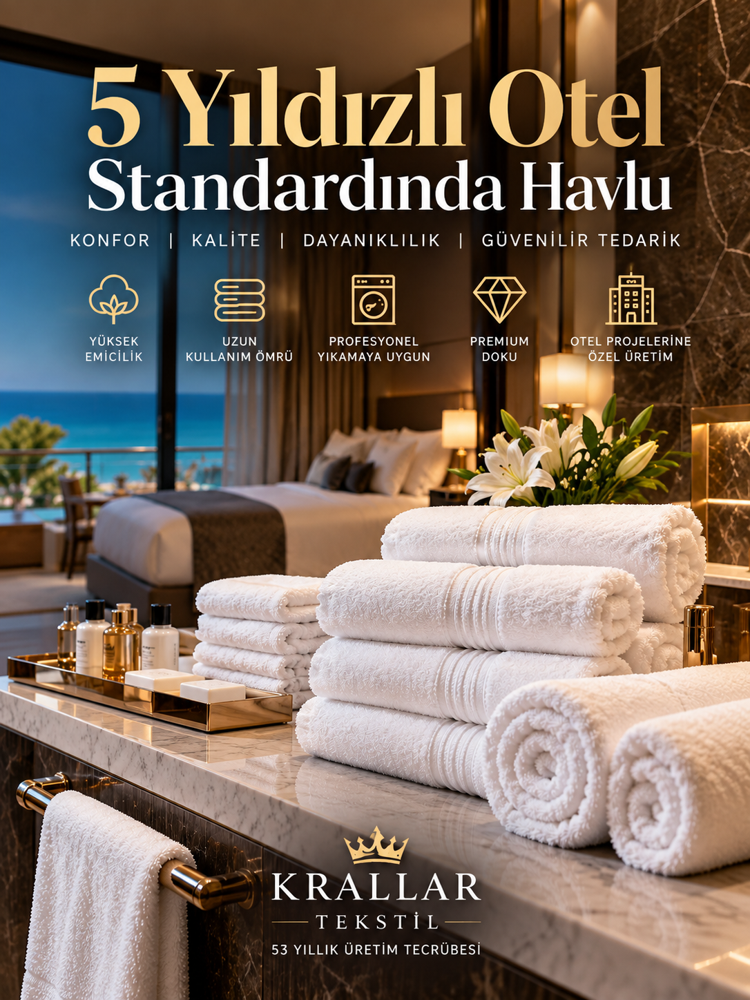 5 yıldızlı oteller için yüksek emicilik, uzun kullanım ömrü ve profesyonel yıkamaya uygunluk sunan premium otel havluları. Krallar Tekstil, farklı ölçü ve gramaj seçenekleriyle otel projelerine özel toplu havlu üretimi ve Türkiye’nin 81 iline tedarik sağlar.