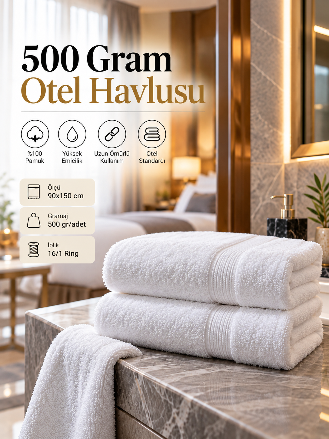 90x150 cm ölçü, 500 gr/adet ve 16/1 ring iplik özelliklerine sahip otel banyo havlusu; Krallar Tekstil’in 53+ yıllık üretim tecrübesiyle otel ve kurumsal projeler için üretilmektedir.