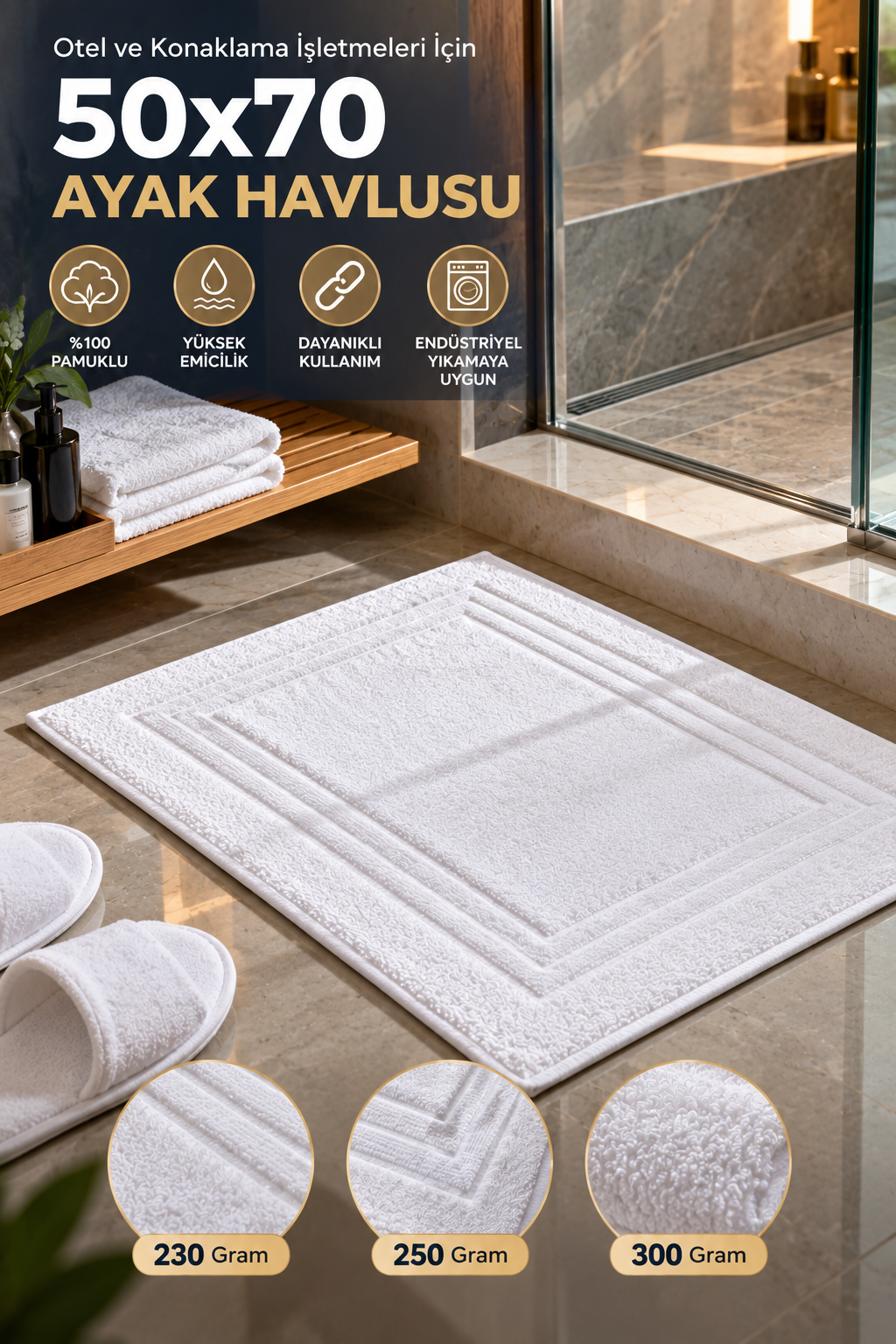 Otel ve konaklama tesisleri için hazırlanan 50x70 ayak havlusu; 230, 250 ve 300 gram seçeneklerini, 20/2 ring iplik yapısını ve profesyonel otel kullanımını öne çıkaran ürün görseli.