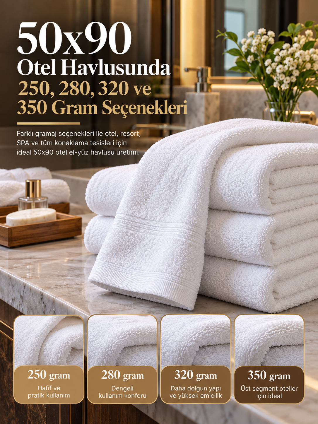 50x90 cm otel el-yüz havlularında 250, 280, 320 ve 350 gram seçeneklerini gösteren profesyonel otel tekstili görseli.
